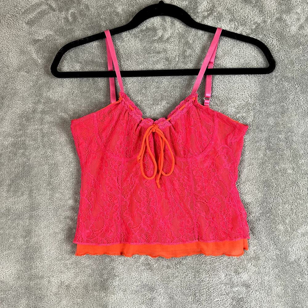 Y2K Style Lace Camisol Womens M Pink Orange Ruffle Hem Coquette